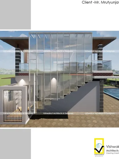A 3D visualization of the villa's exterior, highlighting the glass-enclosed lift and staircase. This feature adds a modern, transparent element to the facade while ensuring accessibility.