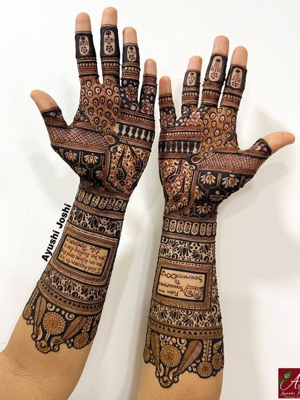 The full view of the "schoolmates to soulmates" design, showing both hands with the story and intricate traditional patterns.