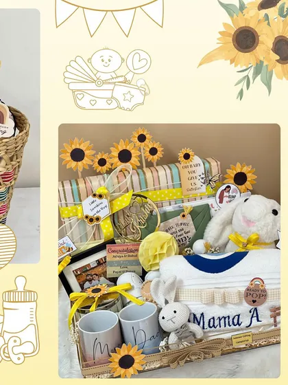 A collage showing the beautiful sunflower-themed hamper I created. It included personalized 'Mama A' and 'Dada' mugs and other thoughtful goodies.