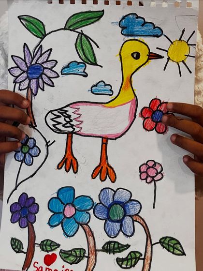 This delightful piece features a duck surrounded by a garden of colorful flowers under a smiling sun, a perfect example of childhood creativity.