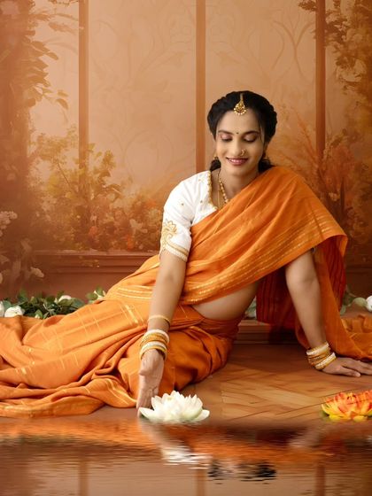 A serene moment as a mom-to-be in an orange saree reaches out to touch a lotus flower on a reflective surface.