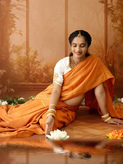 A serene moment as a mom-to-be in an orange saree reaches out to touch a lotus flower on a reflective surface.