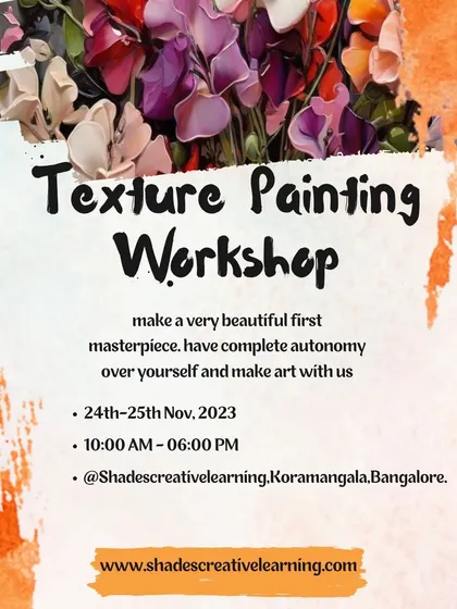 An announcement for our popular Texture Painting Workshop. These sessions are perfect for beginners who want to create a beautiful masterpiece in their very first class using palette knives and thick paints.
