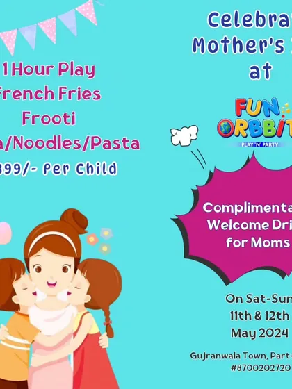 Our Mother's Day offer, which includes a full meal for the child and a complimentary welcome drink for moms, making it a complete and fun outing.