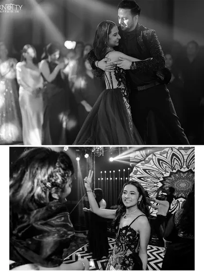 Candid moments from the dance floor, showing the couple and guests enjoying the Sangeet party. These black and white shots focus on the interactions and energy.