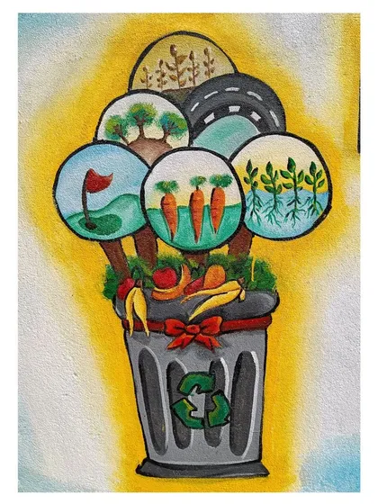 A close-up of the central illustration on the Bio-Compost Pit mural. The image depicts how different forms of waste can be recycled and composted to benefit our environment, shown as different scenes inside a trash can.