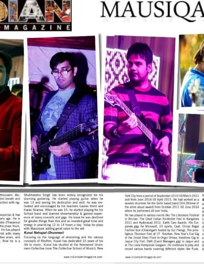 A feature on my fusion band, 'Mausiqaar', in the Indian Talent Magazine. This article highlights the individual members of the band and our unique blend of Indian classical, Sufi, and Western music.