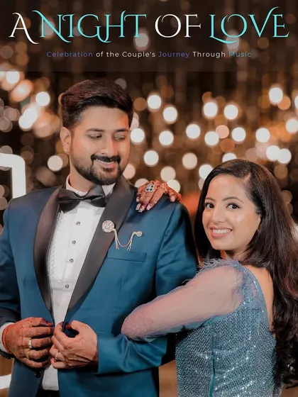 A Sangeet night is all about glamour and celebration. We use creative lighting and composition to capture the mood, creating stylish portraits like this one that showcase the couple's chemistry and the elegance of the evening.