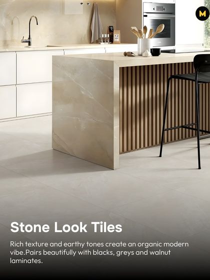 Stone-look tiles with their rich texture and earthy tones create an organic, modern vibe. They pair beautifully with black, grey, and walnut laminates, grounding the space with a natural feel.