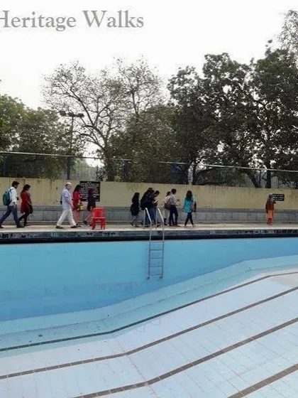 The swimming pool at Indraprastha College, built in 1956 with a government grant and the labor of students and teachers, symbolizing the progressive spirit of the institution.