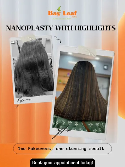 Here we combined two makeovers into one stunning result. Our Nanoplasty treatment provides a smooth, sleek base, while fresh highlights add dimension and depth for a complete hair transformation.
