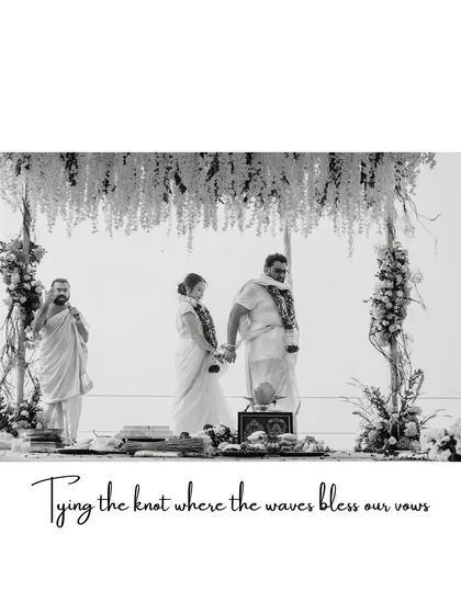 "Tying the knot where the waves bless our vows." This black and white shot from a beachside South Indian wedding adds a timeless, artistic feel to the sacred ceremony.
