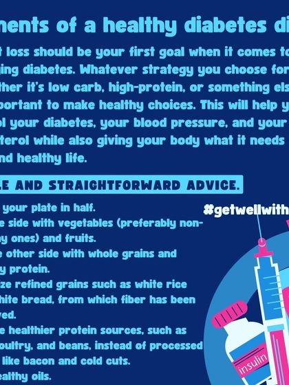Here are the basic elements of a healthy diabetes diet. The key is to divide your plate, focus on non-starchy vegetables, whole grains, and healthy protein, and minimize refined grains.