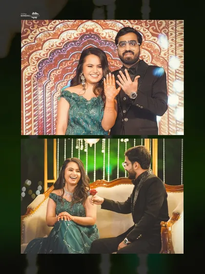 The moment they got engaged. This collage shows the couple proudly displaying their rings and a romantic moment with the groom offering a rose.