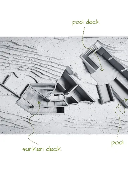 This annotated model for a hillside home clearly shows the different outdoor zones. We designed a sunken deck and a separate pool deck, creating varied spaces for relaxation that are integrated into the terraced landscape.