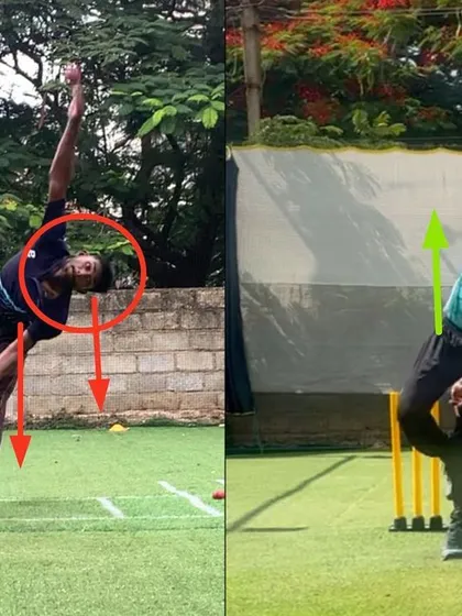 A clear view of the improved release position. By eliminating the body collapse, the bowler can now achieve a higher release point and generate more power.