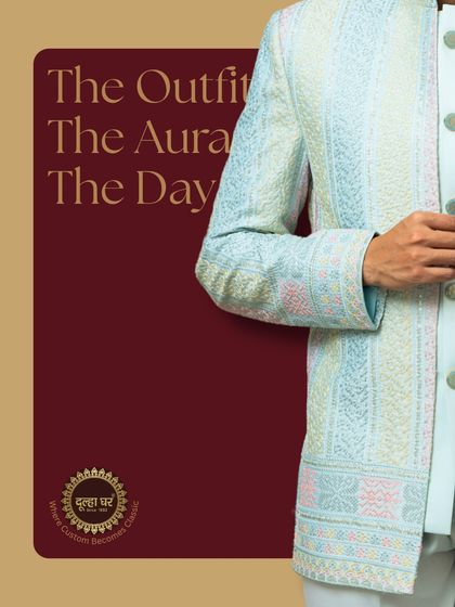 The outfit, the aura, the day. A detailed shot of a pastel-striped Indo-Western jacket, focusing on the beautiful texture and color palette.