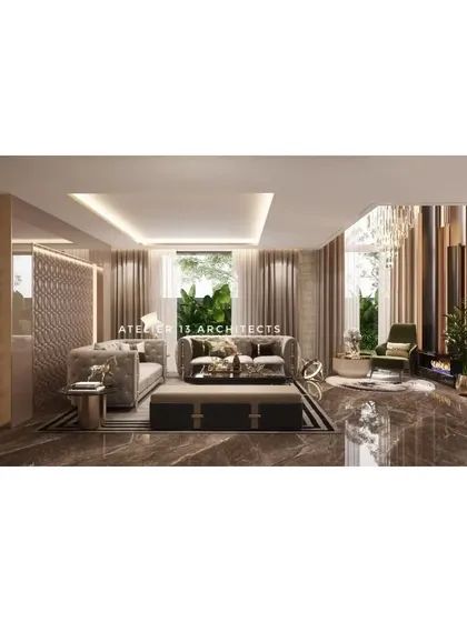 A render of a residential project in New Delhi, showcasing a living area with rich textures and a dark, moody palette. The design features brown marble flooring, a tufted sofa, and intricate wall paneling.
