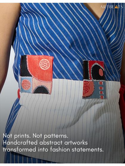 Not prints. Not patterns. These are handcrafted abstract artworks transformed into fashion statements. This image shows the art-detailed pockets on my Transcendence Kimono-Wrap set.