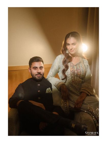 A classic, beautifully lit portrait of the couple from their Roka ceremony.