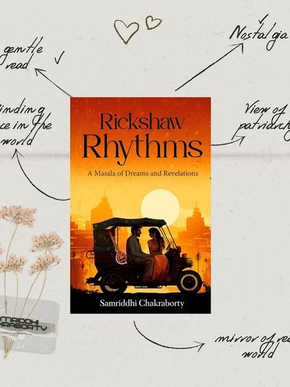 A featured book recommendation, "Rickshaw Rhythms," presented in a creative, scrapbook style that makes the book feel personal and intriguing.
