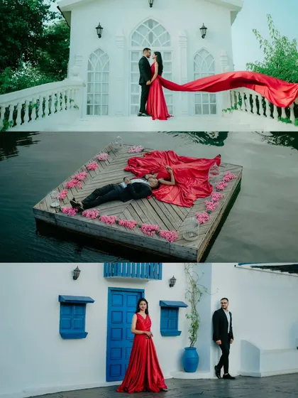 A collage showcasing the versatility of a studio set. It features Nikhil and Anisha in dramatic poses, from a flowing red gown on a floating deck to a Santorini-inspired backdrop.