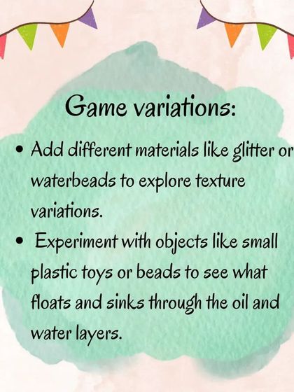 This graphic explains how to make a sensory bag with oil and colored water. It's a mess-free way for children to explore liquid densities and color mixing, engaging their senses of touch and sight.
