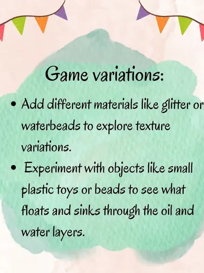 This graphic explains how to make a sensory bag with oil and colored water. It's a mess-free way for children to explore liquid densities and color mixing, engaging their senses of touch and sight.