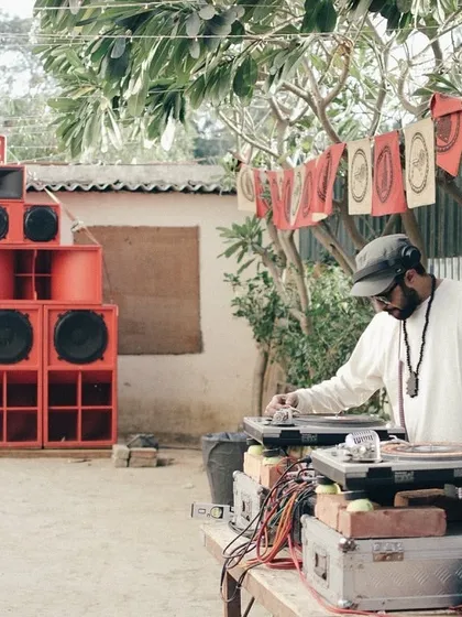 Here I am playing on the BFR Sound System, a massive, custom-built rig. I often do pop-up sessions on authentic sound systems to provide a truly powerful and unique sonic experience.