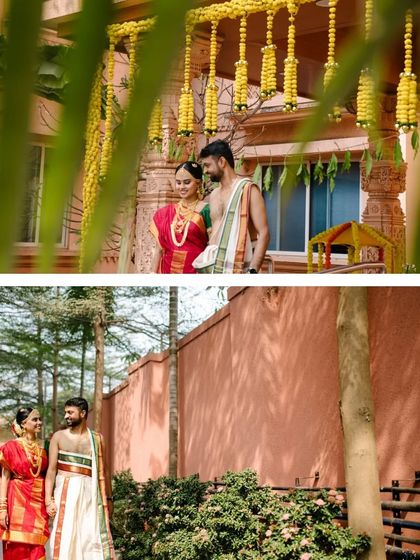 A diptych of the couple posing in their traditional Tamil wedding attire, captured in both wide and medium shots in a beautiful outdoor setting.