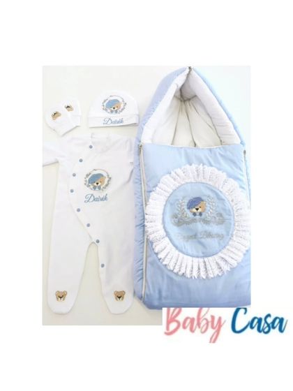 This blue teddy bear set is a wonderful example of my premium, customized products. The combo includes a personalized sleeping bag and a matching romper with cap and mittens.