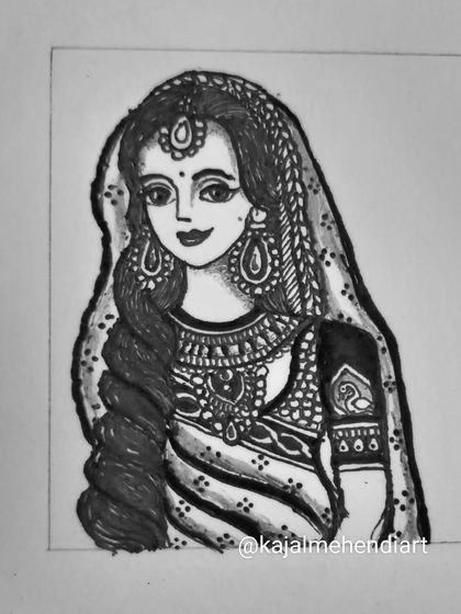The same bride portrait in black and white. This helps to see the contrast and line work more clearly, which is an important part of the design process.