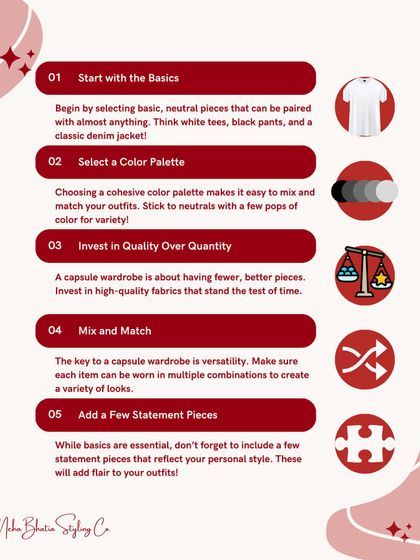 A step-by-step guide on how to build a capsule wardrobe. From starting with basics and selecting a color palette to investing in quality, these five steps will help you create a closet that works for you.