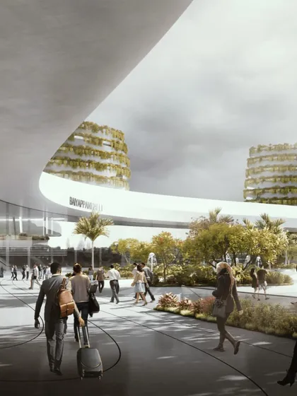 The entrance plaza is designed to be a vibrant public space, seamlessly connecting the station to the city.