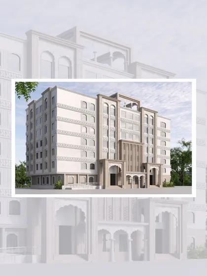 The full elevation of the NRI Niwas at Patna Sahib Gurudwara. The design maintains the sanctity of the original space through a mindful renovation that blends cultural motifs with functional architecture.