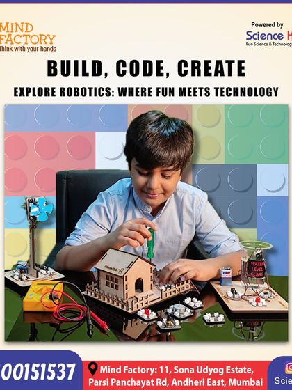 Build, Code, Create. This image captures the essence of what we do. A student is seen assembling a smart house project, surrounded by various electronic components, perfectly illustrating how fun meets technology in my workshops.