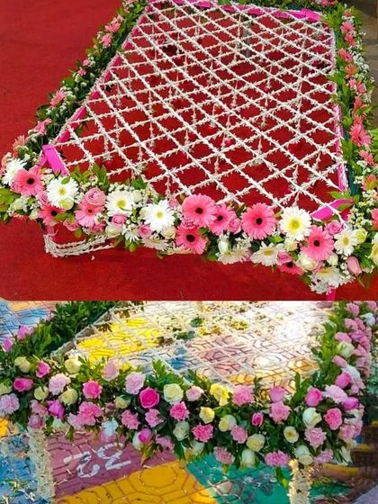 A collage showing two of our phoolon ki chadar designs made with real flowers. We can create custom arrangements, like the top design with pink and white gerberas or the bottom one with a mix of roses.