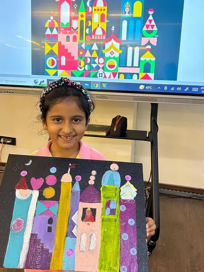Another beautiful and colorful castle inspired by Mary Blair's "It's a Small World" design. I encourage students to use their favorite colors and shapes to make the project their own.