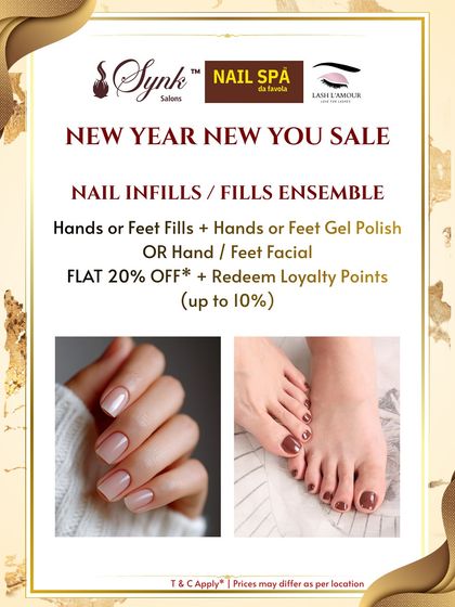 This offer highlights my nail infills service, essential for maintaining the beauty and structure of your nail extensions. The images show a clean manicure and pedicure.