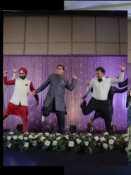 A collage capturing the energy of the boys' group dance. These pictures show the fun and masti of a groomsmen performance.