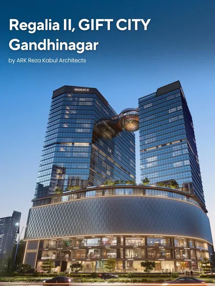 An introduction to the Regalia II project in GIFT City, Gandhinagar. The design uses a sophisticated material palette of glass, metal, and perforated mesh to achieve a look of quiet elegance from the podium to the tower's peak.