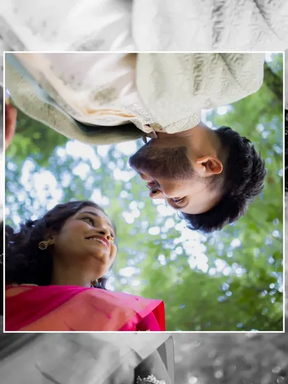 An artistic black and white collage with an inverted perspective, adding a creative and modern touch to this couple's engagement photos.