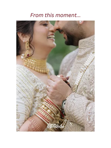 "From this moment..." A close-up of the couple sharing a laugh, their hands intertwined. It's the small, in-between moments of happiness that create the most cherished memories.