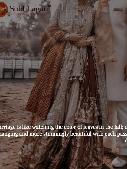 A couple stands together in beautiful, coordinated outfits. We believe marriage is ever-changing and grows more beautiful with each passing day, just like the seasons.