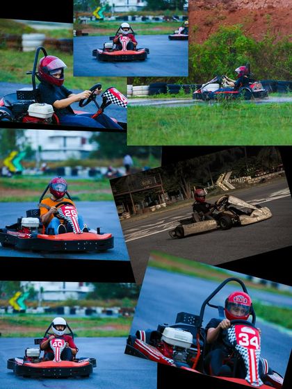 A collage of moments from the track. This is what it's all about: fast karts, high energy, and full-throttle fun.