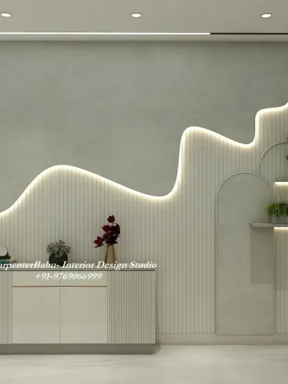 A minimalist console area with a feature wall that has an organic, flowing design highlighted by profile lighting. This shows how simple shapes and lights can create a dramatic effect.