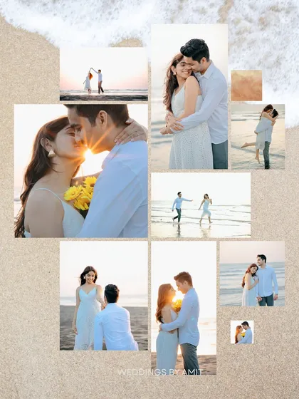 A collage of a sunny beach pre-wedding shoot, showing a variety of poses from romantic kisses to playful runs, telling a complete story of the day.