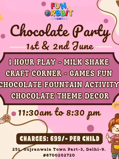 Our official poster for the Chocolate Party, detailing all the sweet activities included, from a chocolate fountain to a milkshake and themed decor.