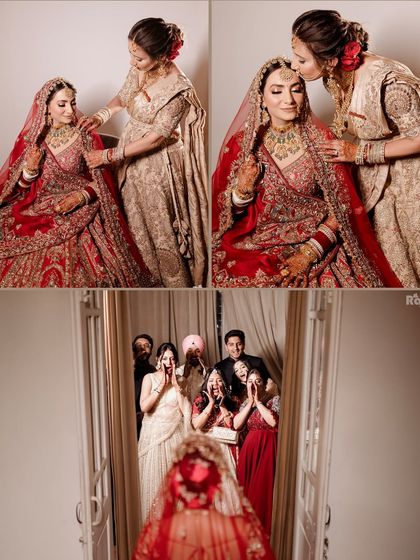 A collage capturing emotional family moments, including the bride with her mother and the family's joyful reaction to seeing her for the first time.