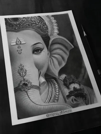 An artistic take on Lord Ganesha, focusing on the intricate details of his eye and the tilak on his forehead. This hyper-realistic pencil sketch is a popular choice for bringing blessings and removing obstacles from a new home or office.